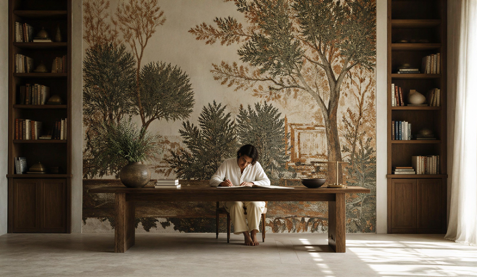 Study with bookshelves and a large wooden work table