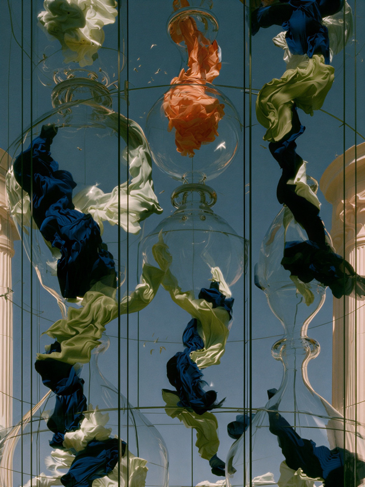 Coloured fabrics suspended between clear glass vessels, beside pale columns