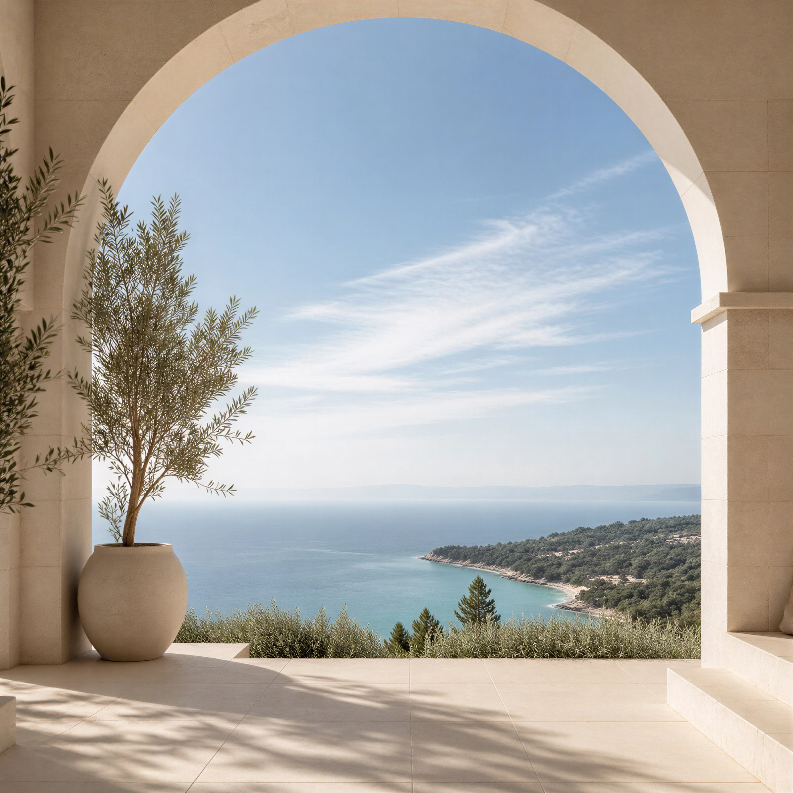Archway opening onto a Mediterranean coastal landscape